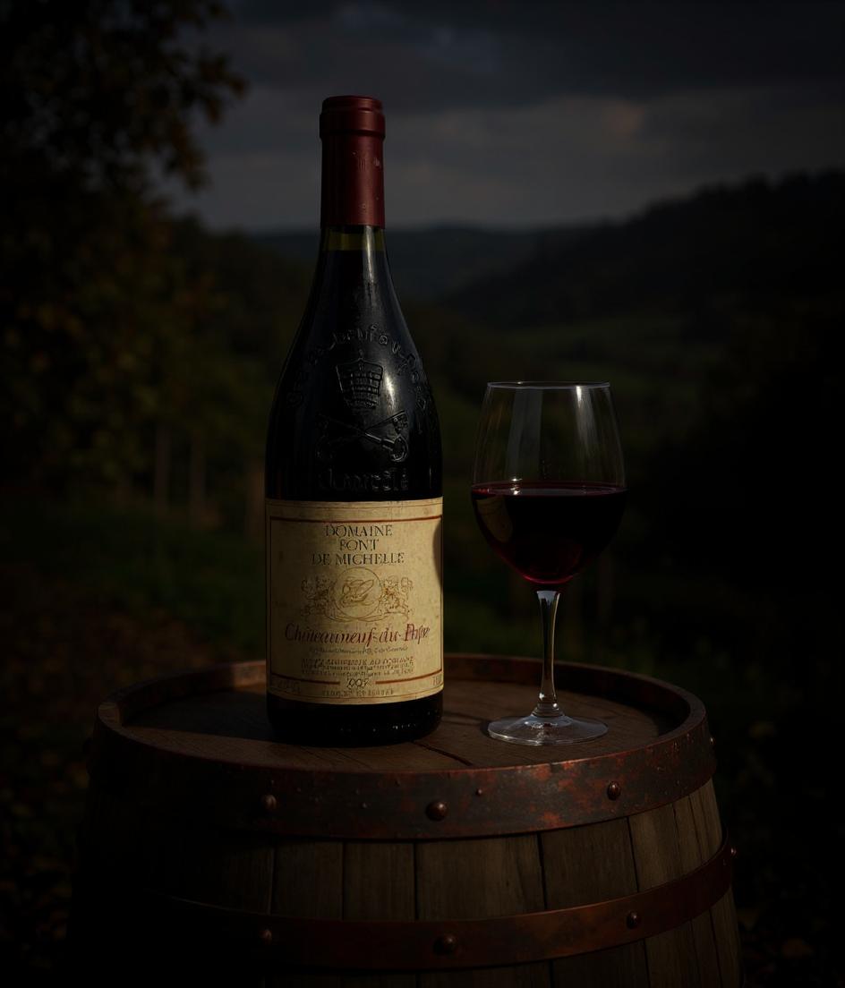 Close-up view of Domaine Font de Michelle wine label and vintage details