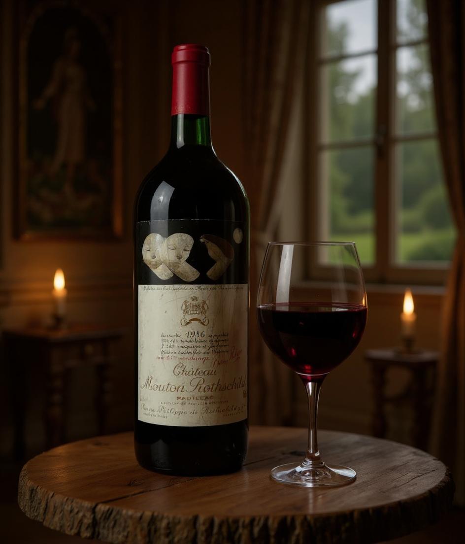 Chateau Mouton Rothschild 1986 wine label and bottle detail